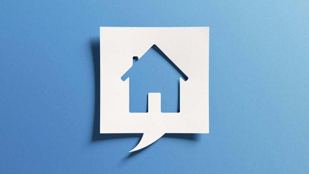 House symbol for real estate and housing concepts, buy or sell home, become homeowner, mortgage, maintenance, repair, refurbish, investment, property market. Cut out paper on blue background. 

