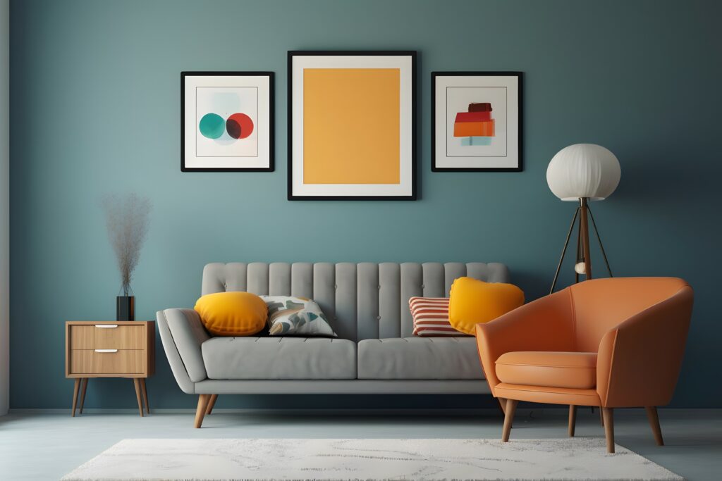 minimal design appartment, a wall with 2 or 3 picture frames, modern living-room, colourful furniture, perpendicular composition, center perspective, very detailed, photorealistic, photographic, Eastm