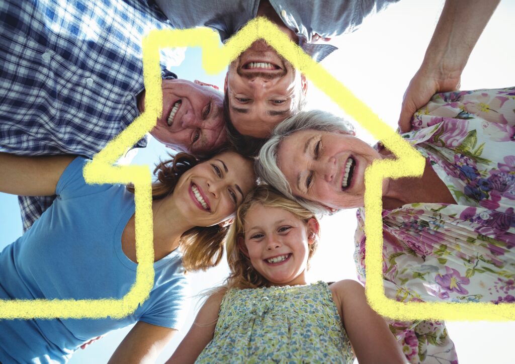Home outline with multi generation family standing in background