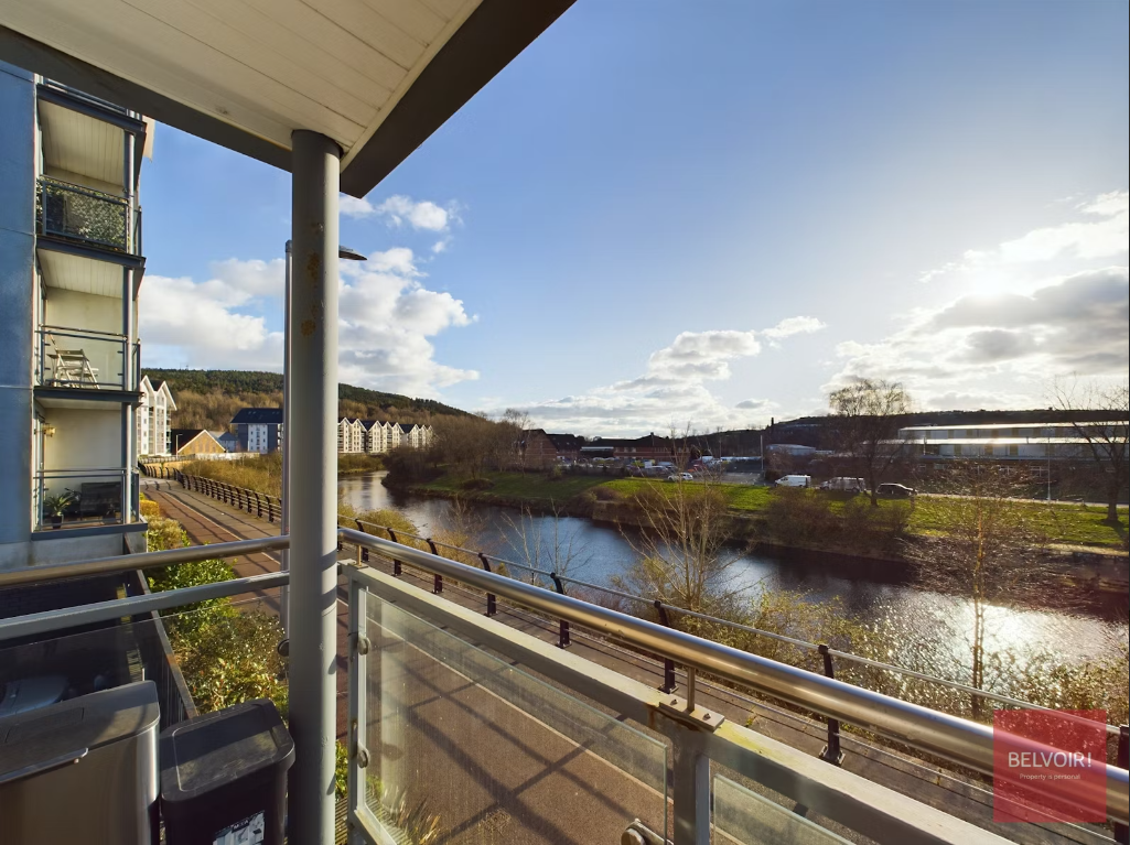 Belvoir Swansea flat for rent in Copper Quarter. Flat in Swansea overlooking river from balcony. Belvoir logo in corner - Belvoir, property is personal, expert Swansea letting agents helping you find a flat in Swansea to rent. 