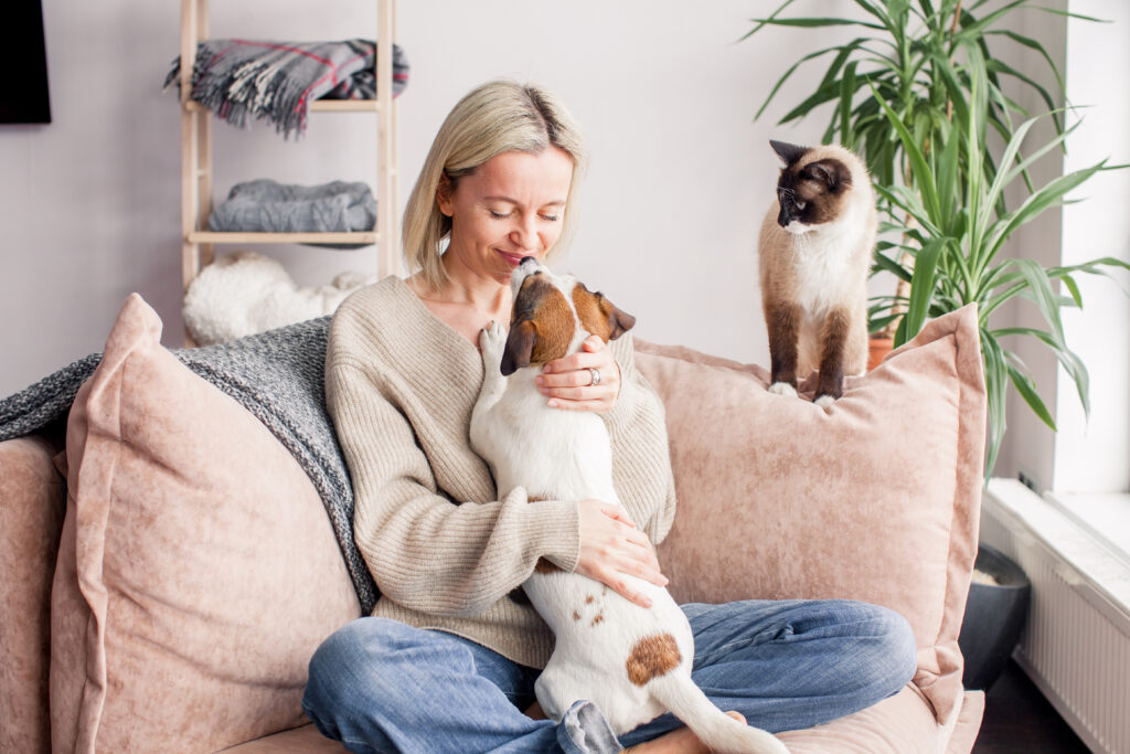 Happy woman playing with her dog on the couch at home