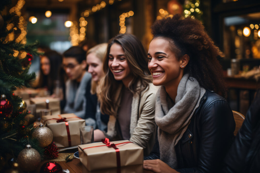 Beautiful young woman with freinds or colleages enjoying christmas party, Christmas and New year concept.