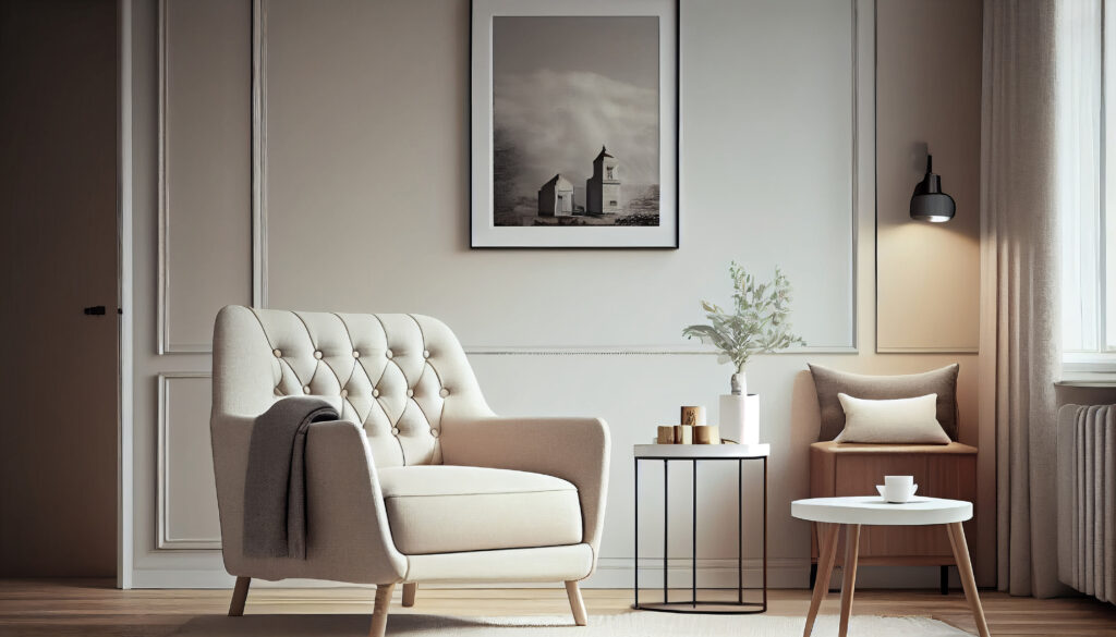 Interior of living room with coffee table and white beige fabric armchair, a poster on the wall.