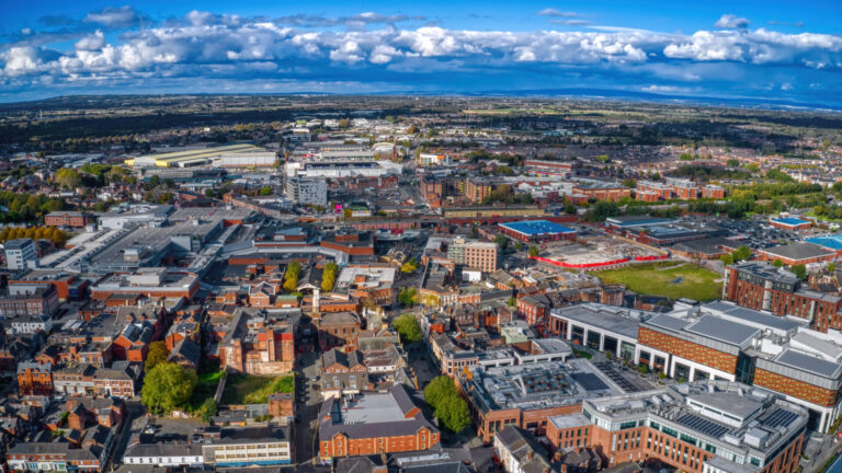 Aerial view of Warrington highlighting strong rental demand and buy to let Warrington investment opportunities in 2026