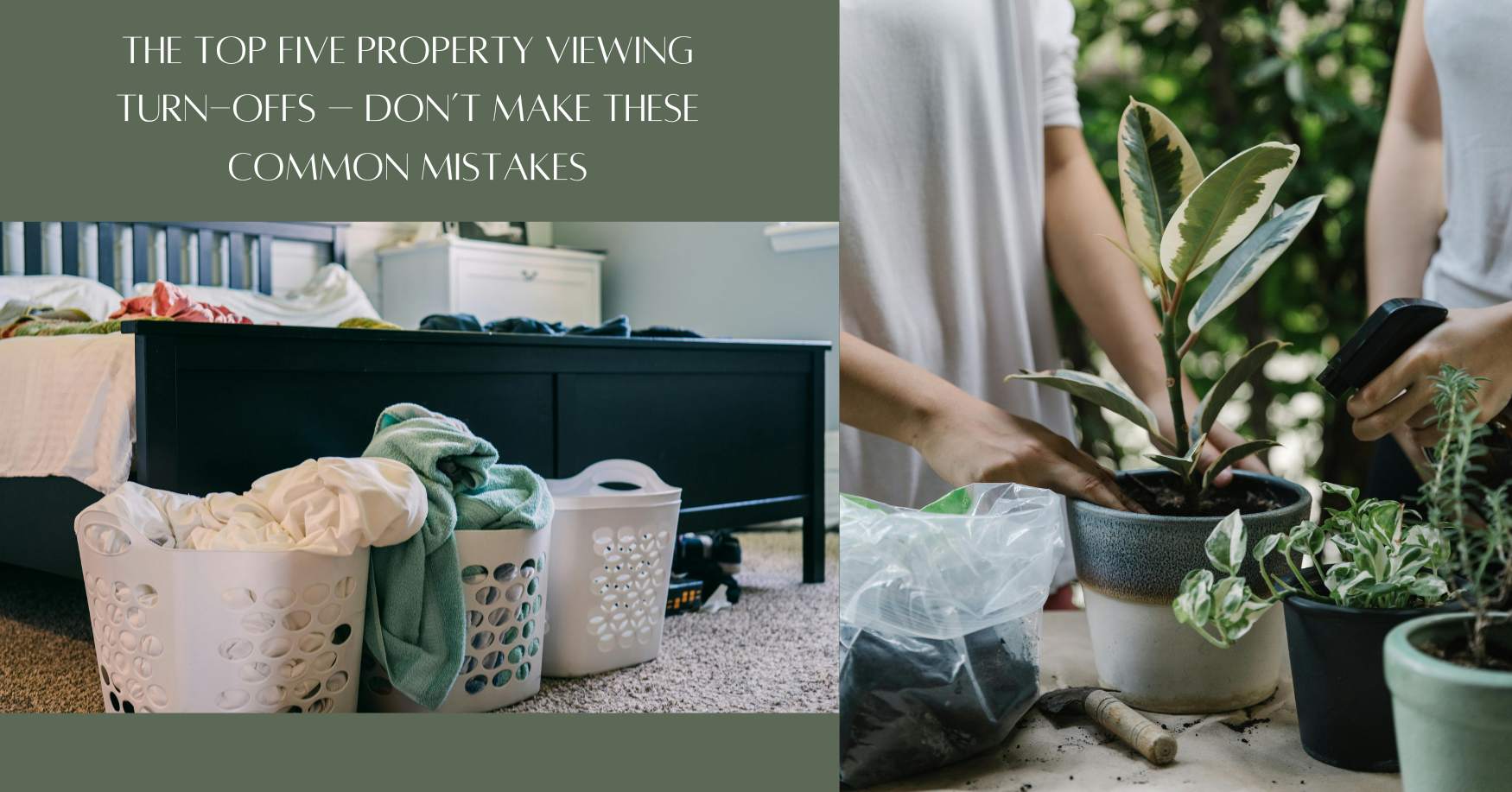 cluttered bedroom with laundry baskets and people arranging indoor plants during home staging