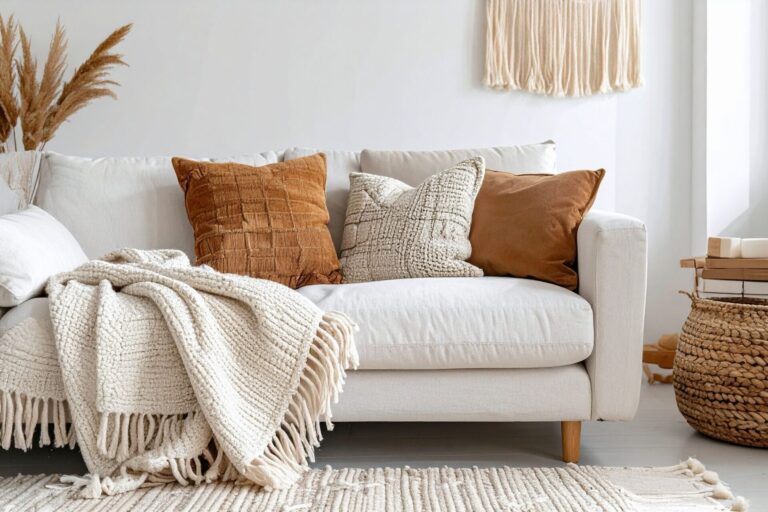 Modern and cosy living room interior in a Stone family home with neutral décor and soft furnishings