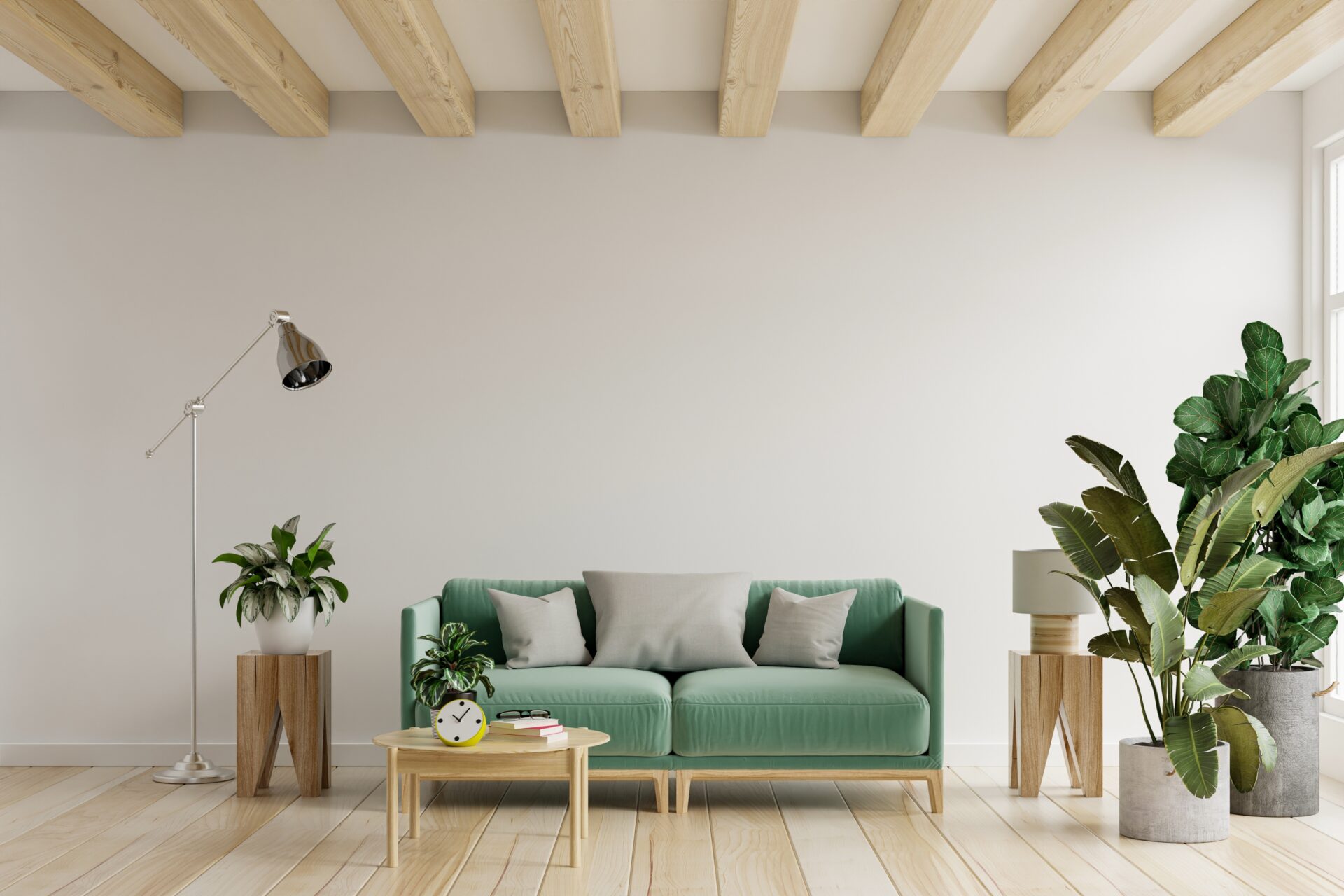 Bright modern living room interior in a contemporary Wednesbury family home with wooden beams and minimalist décor