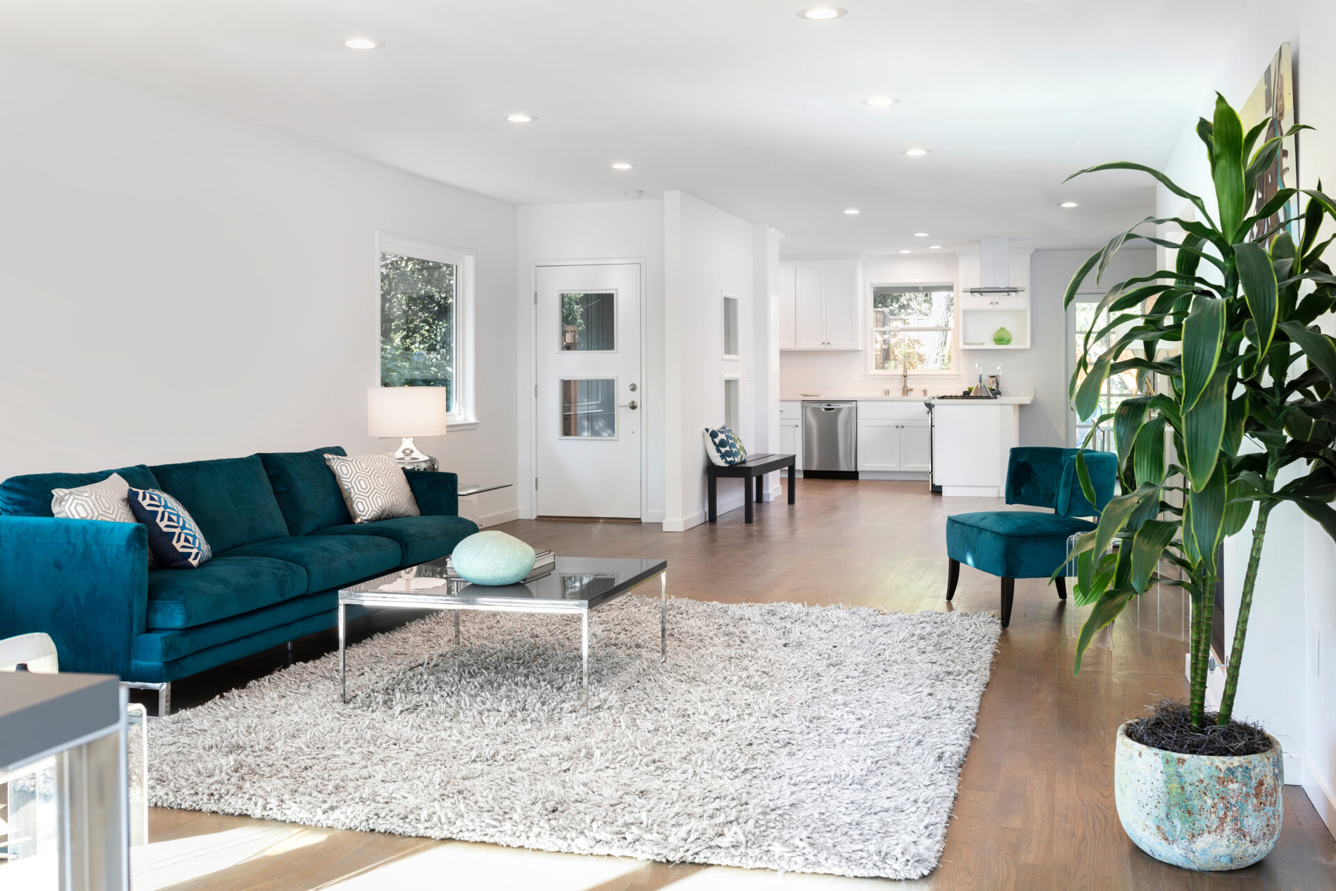 Bright modern open-plan living room with blue sofa and kitchen area, representing a well-presented Brighton home for sale.